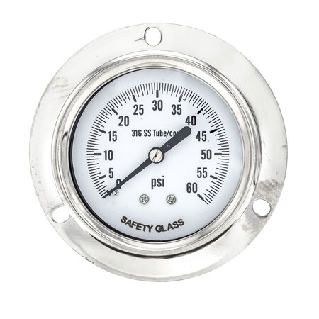 Pro 2 1/2 in Dial, 0/60 PSI, 1/4 in NPT, Back Connection, Panel Mount Dry/Fillable Pressure Gauge PRO-314D-254D